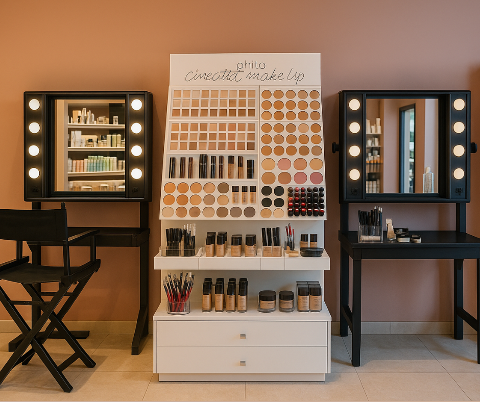 Postazioni trucco professionali con espositore Cinecittà Make Up all’interno di un centro estetico moderno ed elegante